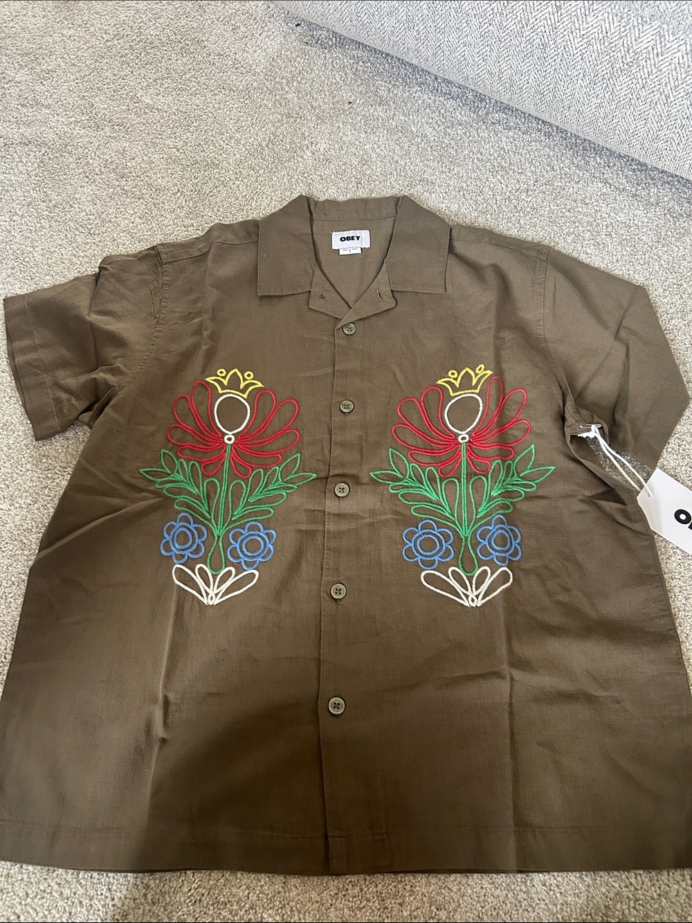 Obey Brown Short-Sleeve Shirt with Colorful Floral Embroidery